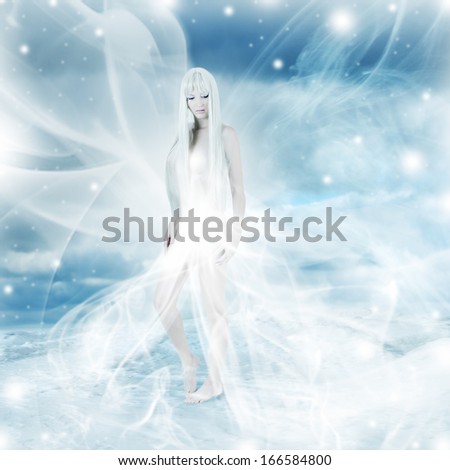 Frozen fairy woman in white wind dress on snow and blue winter background