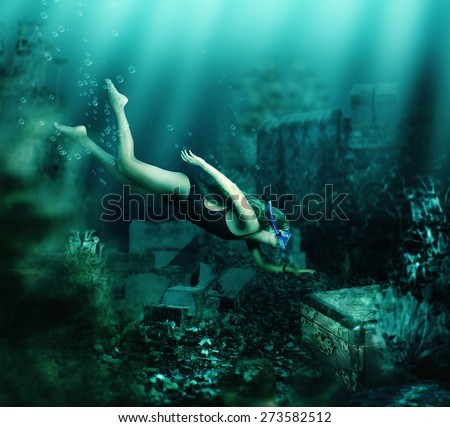 Woman with mask and snorkel diving swimming underwater among the ancient ruins to treasure chest. Focus on woman