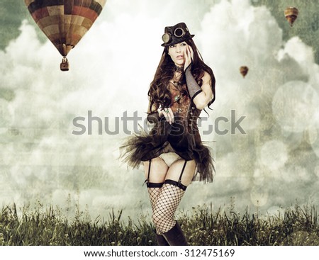 worn card in sepia retro style. Beautiful young steampunk woman wearing old-fashioned fantasy clothes outdoor. Balloons flying in sky in background