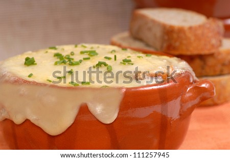 Delicious homemade French Onion Soup with crusty rye bread