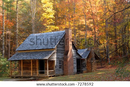 A log cabin in a wooded setting during the autumn season