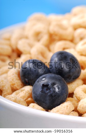 Bowl of crispy oat cereal with fresh blueberries