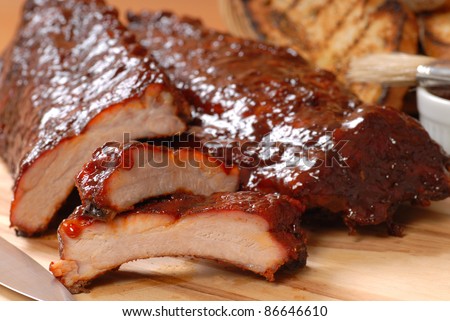 Delicious BBQ ribs with toasted bread, cole slaw and a tangy BBQ sauce