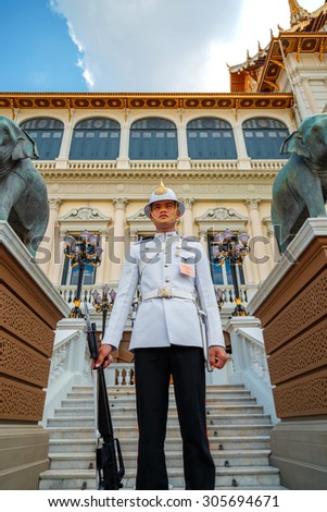BANGKOK, THAILAND - DECEMBER 24: The Grand Palace in Bangkok, Thailand on December 24, 2014. Unidentified royal guard is on duty at the Grand Palace of Thailand