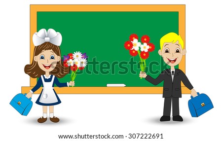 merry girl and boy with bouquets of flowers on the school Board,vector illustration