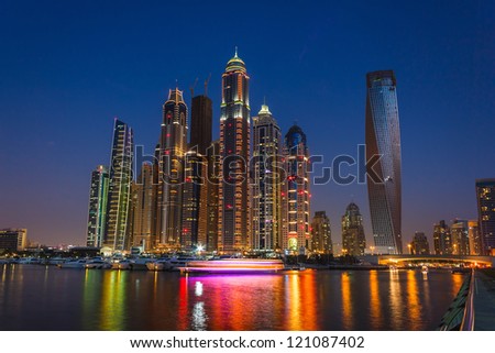 DUBAI, UAE - NOVEMBER 14: Nightlife in Dubai Marina. UAE. November 14, 2012. Dubai is the most expensive city in the Middle East.