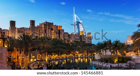 DUBAI, UAE - NOVEMBER 15: View of the hotel Burj Al Arab from Souk Madinat Jumeirah. Nov 15, 2012 in Dubai. Burj Al Arab is a luxury 7 stars hotel