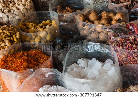 dried herbs flowers spices in the street shop