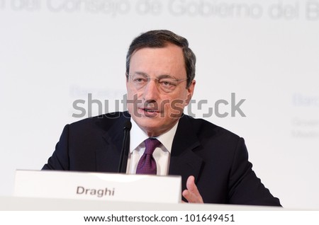 BARCELONA, SPAIN - MAY 03: European Central Bank President Mario Draghi chairs the press conference following the Governing Council meeting of the ECB on May 3rd 2012 in Barcelona, Spain