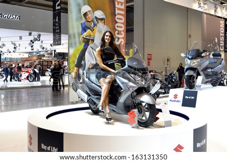 MILAN, ITALY - NOV 5: brand of Triumph at EICMA, 71 th International Motorcycle Exhibition November 5, 2013 in Milan, Italy.