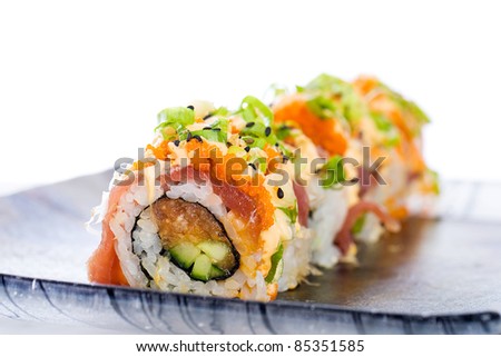 Colorful Sushi Roll With Sashimi Grade, Spicy Ahi Tuna. Stock Photo ...