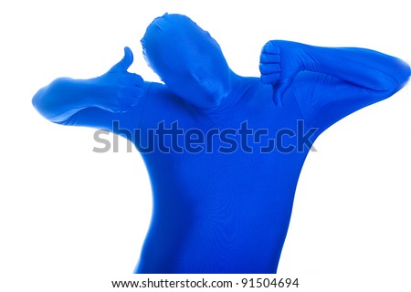A faceless man in a blue body suit with one thumb up and one thumb down.
