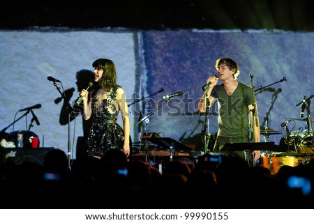 SEATTLE - April 10:  Indie rock star Gotye performs on stage with soul singer Kimbra in front of a sold out crowd at Showbox Sodo in Seattle on April 10, 2012