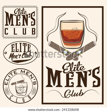 men's club vintage labels with cigars and whiskey glass