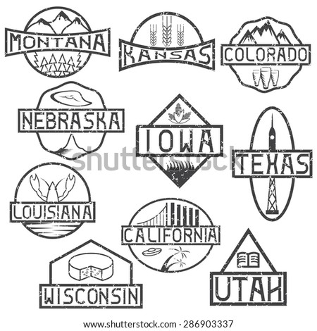 grunge labels of states and landmarks of usa