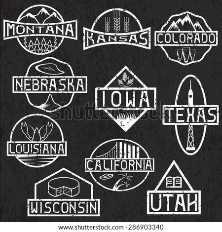 grunge labels of states and landmarks of usa