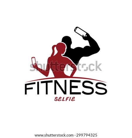 man and woman of fitness silhouette character make selfie vector design template