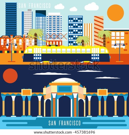 San Francisco landmarks horizontal flat design vector banners