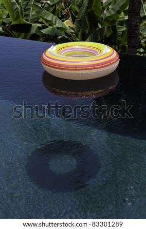 Colorful pool tube floating in an infinity pool with banana palm trees
