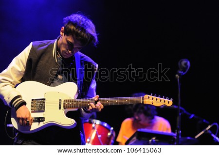 BARCELONA, SPAIN - JUNE 9: Cut Your Hair band performs at Sant Jordi Club on June 9, 2012 in Barcelona, Spain during the Porompopero Festival.