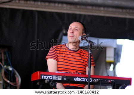 BARCELONA - MAY 23: La Brigada band performs at Heineken Primavera Sound 2013 Festival on May 23, 2013 in Barcelona, Spain. The Catalan band aims to become one of the new references in sung pop.