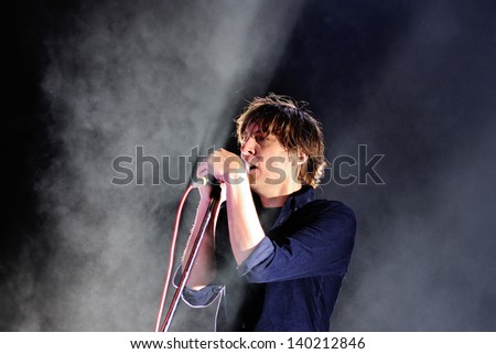 BARCELONA - MAY 23: Thomas Mars, singer of Phoenix, French alternative rock band and married with Sofia Coppola, performs at Heineken Primavera Sound 2013 Festival on May 23, 2013 in Barcelona, Spain.