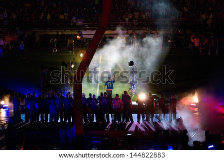 BARCELONA - MAY 28: F.C Barcelona football team celebrates at the Camp Nou stadium the titles consecuation of Spanish League, Copa del Rey and Champions League on May 28, 2009 in Barcelona, Spain.