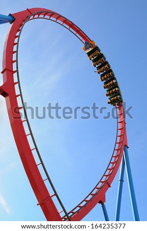 Moving roller coaster with blue sky.