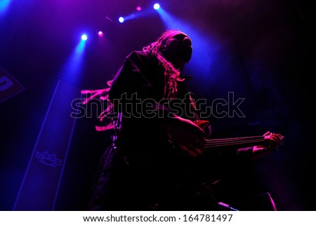 BARCELONA - NOV 25: Five Finger Death Punch (5FDP), heavy metal band, performs at Pavello Olimpic de Badalona stage on November 25, 2013 in Barcelona, Spain.