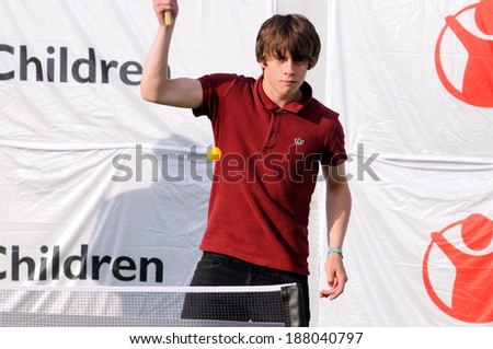 BENICASIM, SPAIN - JULY 21: Jake Bugg plays table tennis, or ping pong, on the backstage at FIB (Festival Internacional de Benicassim) 2013 Festival on July  21, 2013 in Benicasim, Spain.