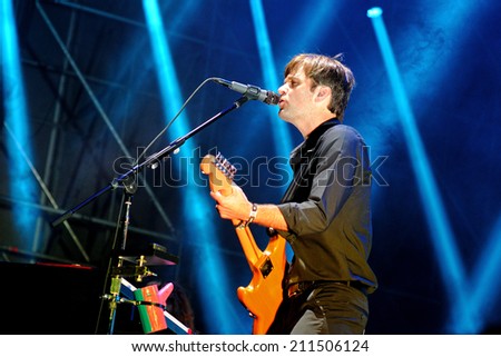 BARCELONA - MAY 23: The Postal Service, American electronic musical group, performs at Heineken Primavera Sound 2013 Festival, Main Stage, on May 23, 2013 in Barcelona, Spain.