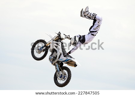 BARCELONA - JUN 28: A professional rider at the FMX (Freestyle Motocross) competition at LKXA Extreme Sports Barcelona Games on June 28, 2014 in Barcelona, Spain.