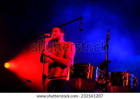 BILBAO, SPAIN - NOV 01: Holy Ghost! (synthpop duo band) live music show at Bime Festival on November 01, 2014 in Bilbao, Spain.