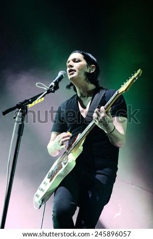 BILBAO, SPAIN - OCT 31: Singer and guitar player of Placebo (band) live performance at Bime Festival on October 31, 2014 in Bilbao, Spain.