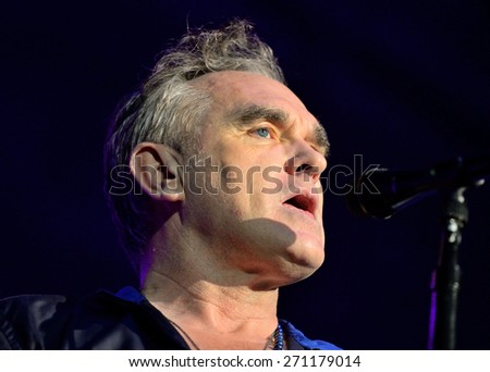 BARCELONA - OCT 10: Morrissey,  the famous lyricist and vocalist of the rock band The Smiths, performs at Sant Jordi Club (venue) on October 10, 2014 in Barcelona, Spain.