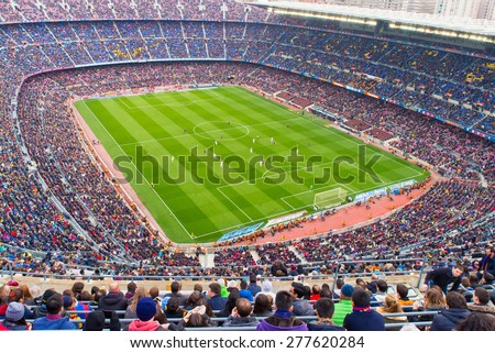 BARCELONA - FEB 21: A general view of the Camp Nou Stadium in the football match between Futbol Club Barcelona and Malaga of the Spanish BBVA League on February 21, 2015 in Barcelona, Spain.