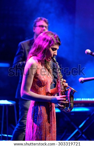 BARCELONA - APR 16: The saxophone player of Eva Fernandez Group (jazz band) performs at Luz de Gas club on April 16, 2015 in Barcelona, Spain.