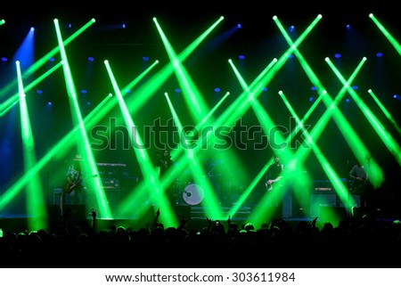 BARCELONA - JUL 4: Green laser lights at the Primal Scream (band) concert at Vida Festival on July 4, 2015 in Barcelona, Spain.