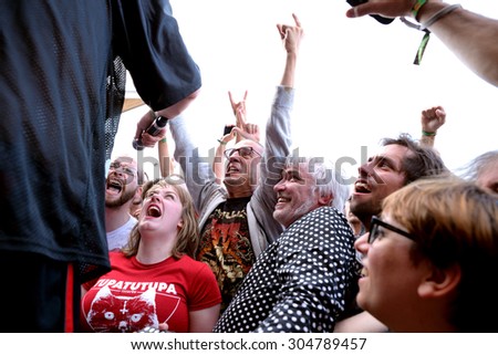 BARCELONA - MAY 30: The singer of Fucked Up (band) performs with the crowd at Primavera Sound 2015 Festival on May 30, 2015 in Barcelona, Spain.