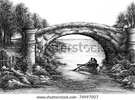 Hand drawn illustration in ink of a small boat going under an old stone bridge