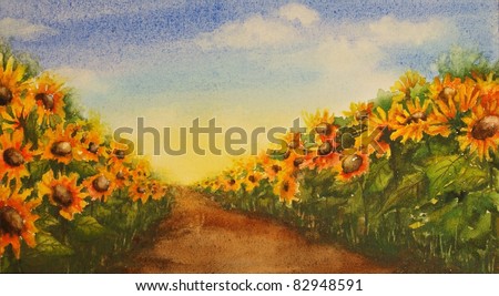 Hand painted watercolor of a field of sunflowers with a path leading through the midst of them.