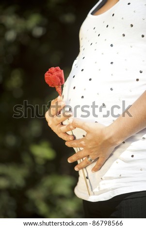 Pregnant mother holding a flower against her belly