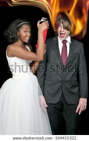 African American woman extinguishing a caucasian man on fire