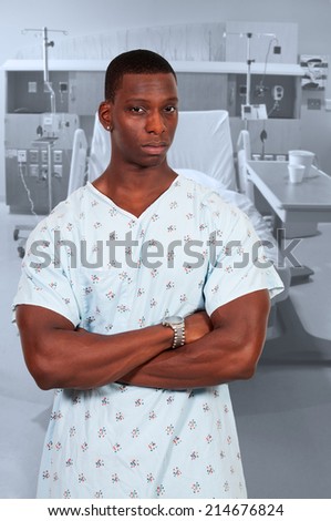 Black African American man patient in a hospital gown (photo illustration / image composite)