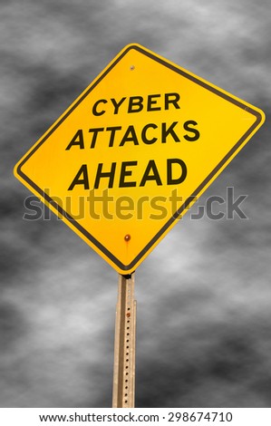 Caution yellow warning type American road sign that warns of cyber attacks ahead