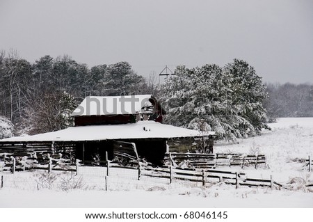 An Old Abandoned Horse Stable Covered In A Winter Blizzard Snow Storm ...