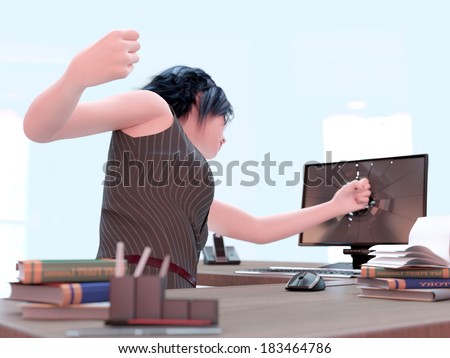 Angry working woman and computer concept illustration