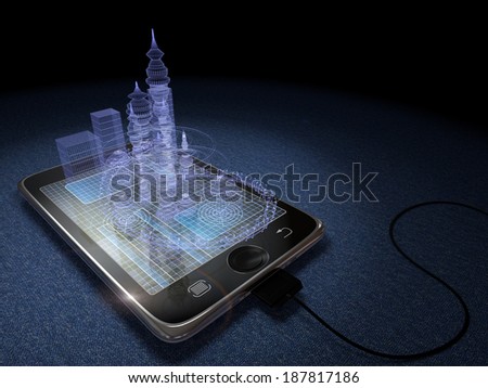 Digital tablet and futuristic town as progress concept background