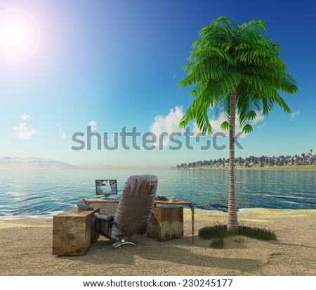 conception vacation background with office table and landscape