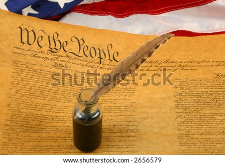 Horizontal USA Flag, Constitution, and Quill Pen in Inkwell